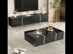 Conjunto moderno de armário de TV e mesa de centro - 170 x 35 x 46 cm + 100 x 60 x 41,5 cm - Madeira MDF e pernas douradas - Preto brilhante