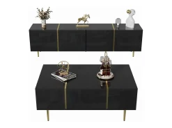 Conjunto moderno de armário de TV e mesa de centro - 170 x 35 x 46 cm + 100 x 60 x 41,5 cm - Madeira MDF e pernas douradas - Preto brilhante