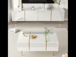 Conjunto moderno de armário de TV e mesa de centro - 170 x 35 x 46 cm + 100 x 60 x 41,5 cm - Madeira MDF e pés dourados - Branco brilhante