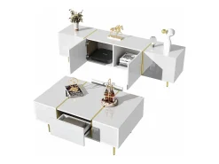 Conjunto moderno de armário de TV e mesa de centro - 170 x 35 x 46 cm + 100 x 60 x 41,5 cm - Madeira MDF e pés dourados - Branco brilhante