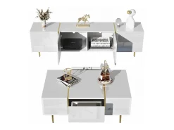 Conjunto moderno de armário de TV e mesa de centro - 170 x 35 x 46 cm + 100 x 60 x 41,5 cm - Madeira MDF e pés dourados - Branco brilhante