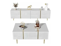Conjunto moderno de armário de TV e mesa de centro - 170 x 35 x 46 cm + 100 x 60 x 41,5 cm - Madeira MDF e pés dourados - Branco brilhante