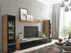 Conjunto moderno de móveis de sala 4 peças, móvel de TV 180 cm, 2 vitrinas e prateleira, corpo carvalho Wotan mate, frentes preto brilho, de pé ou suspenso