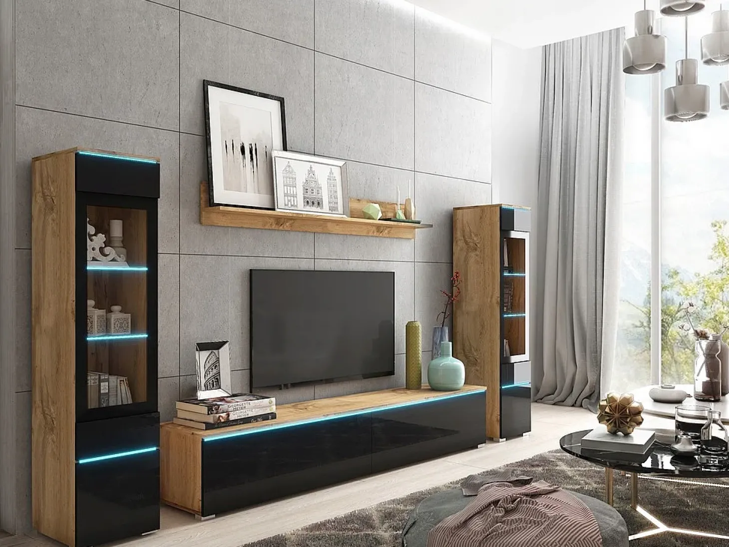 Conjunto moderno de móveis de sala 4 peças, móvel de TV 180 cm, 2 vitrinas e prateleira, corpo carvalho Wotan mate, frentes preto brilho, de pé ou suspenso