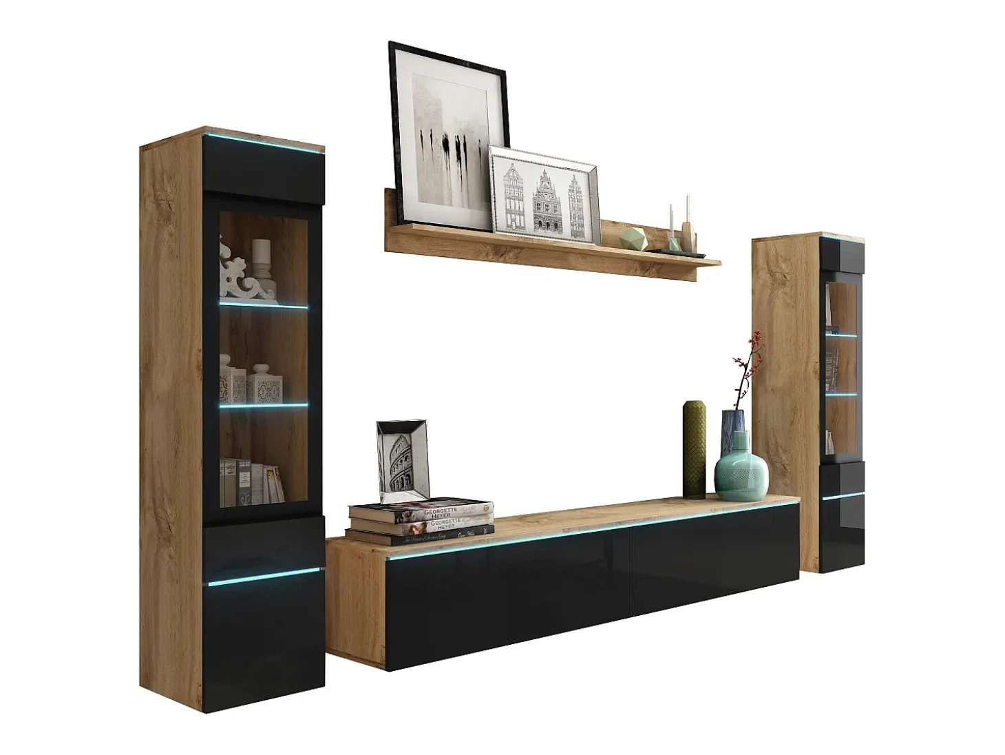 Conjunto moderno de móveis de sala 4 peças, móvel de TV 180 cm, 2 vitrinas e prateleira, corpo carvalho Wotan mate, frentes preto brilho, de pé ou suspenso