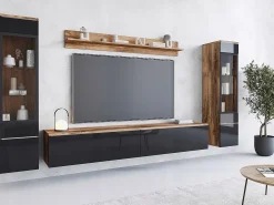 Conjunto moderno de móveis de sala 4 peças, móvel de TV 180 cm, 2 vitrinas e prateleira, corpo carvalho Wotan mate, frentes preto brilho, de pé ou suspenso