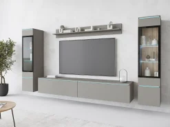 Conjunto moderno de móveis de sala 4 peças – móvel de TV 180 cm, 2 vitrinas e prateleira – estante de parede cinza paládio mate, de pé ou suspensa
