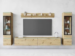 Conjunto moderno de móveis de sala 4 peças – móvel de TV 180 cm, 2 vitrinas e prateleira – estante de parede carvalho Artisan mate, de pé ou suspensa