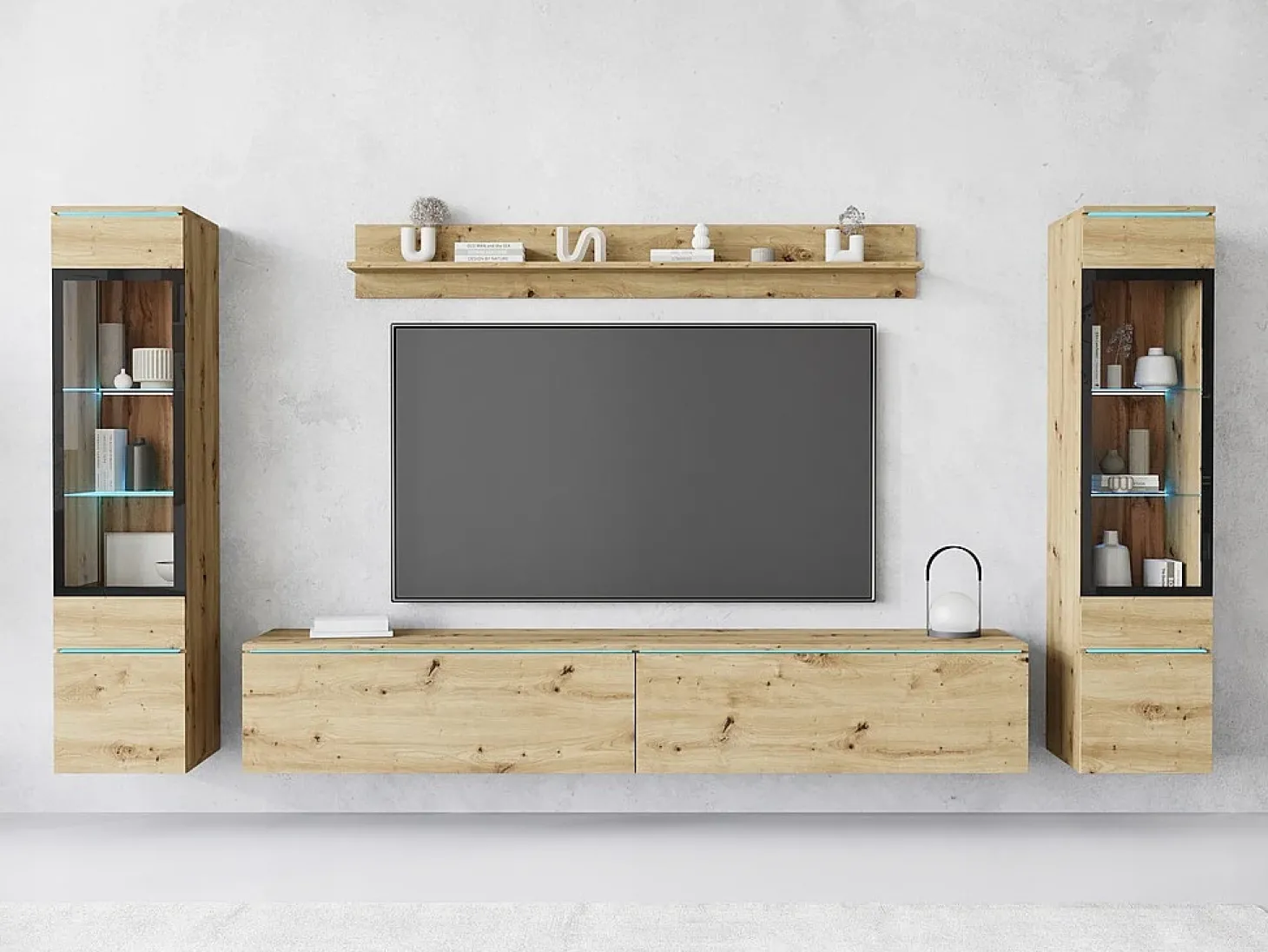 Conjunto moderno de móveis de sala 4 peças – móvel de TV 180 cm, 2 vitrinas e prateleira – estante de parede carvalho Artisan mate, de pé ou suspensa