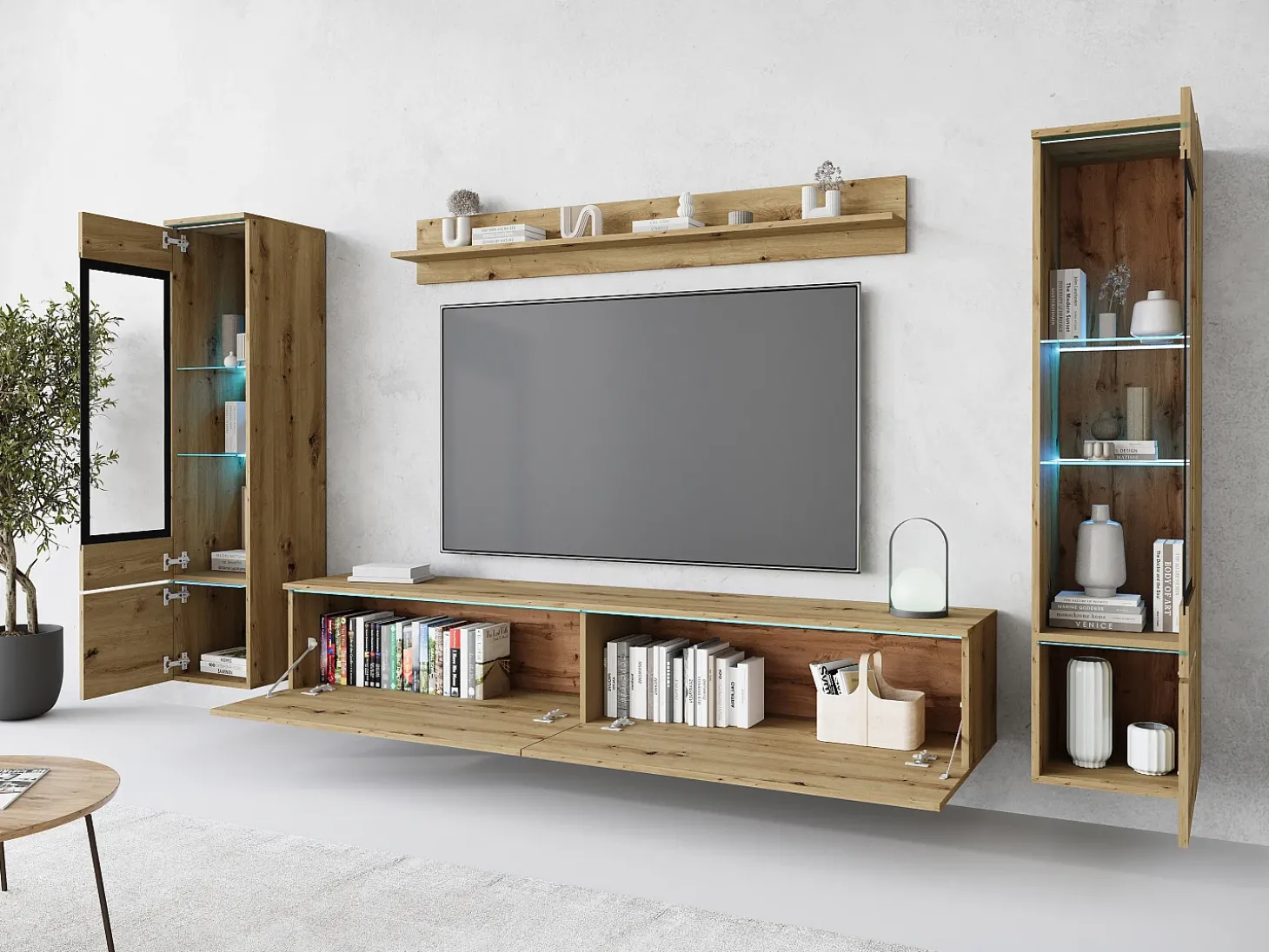 Conjunto moderno de móveis de sala 4 peças – móvel de TV 180 cm, 2 vitrinas e prateleira – estante de parede carvalho Artisan mate, de pé ou suspensa