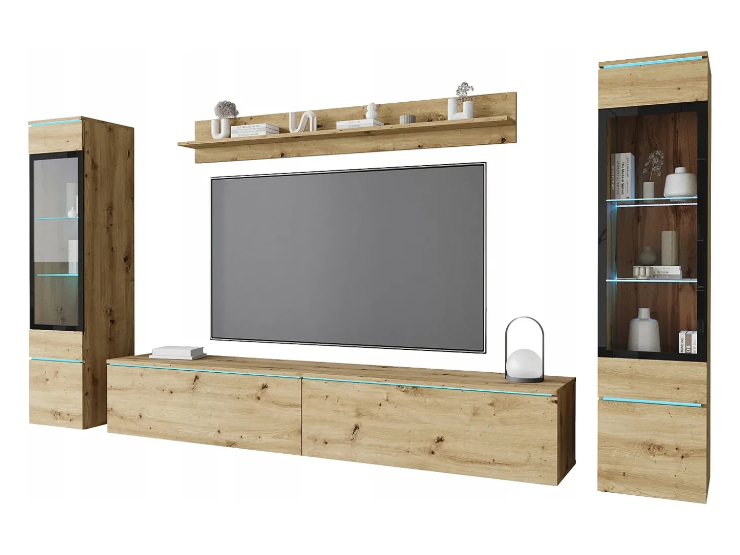 Conjunto moderno de móveis de sala 4 peças – móvel de TV 180 cm, 2 vitrinas e prateleira – estante de parede carvalho Artisan mate, de pé ou suspensa