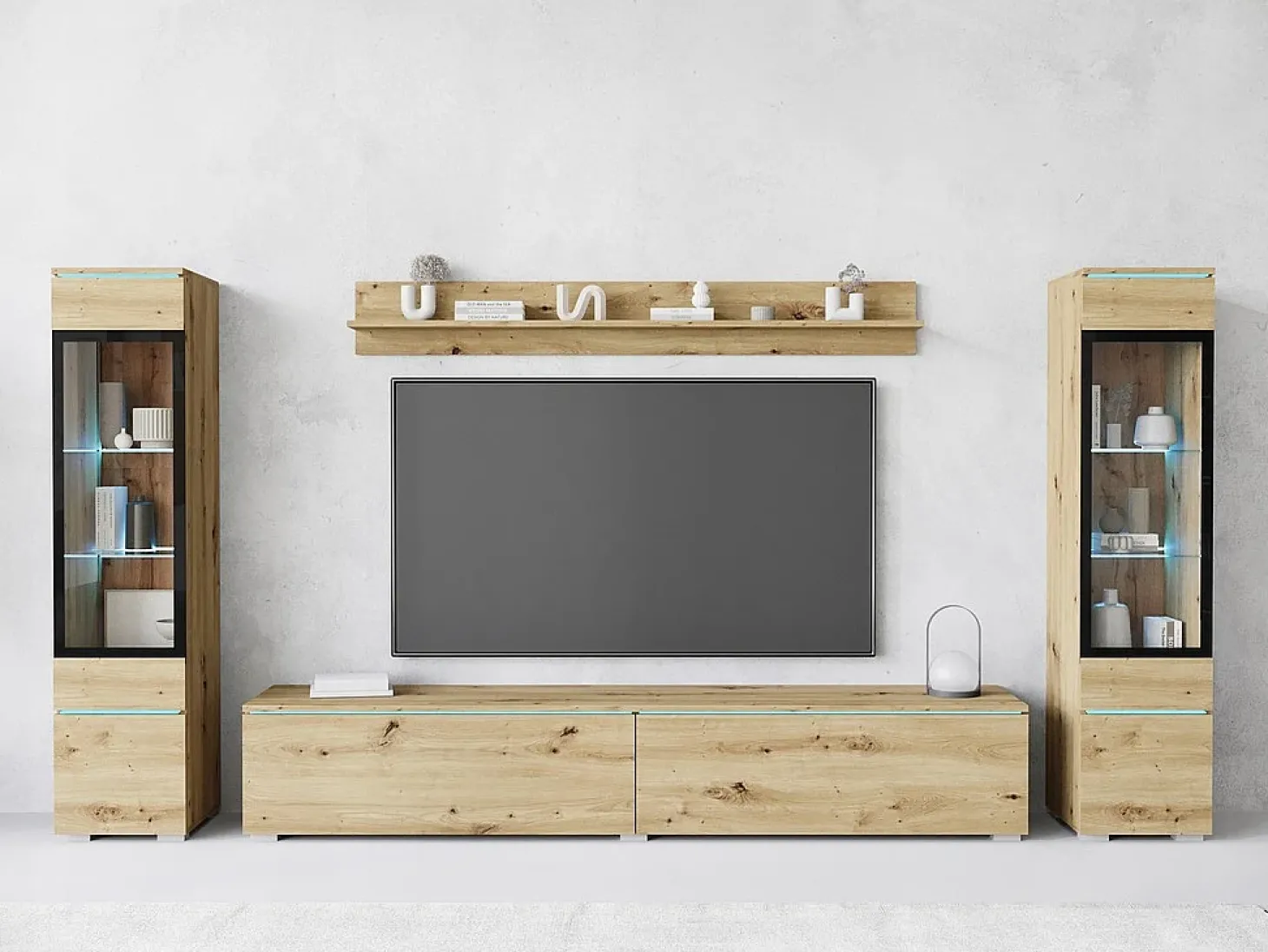 Conjunto moderno de móveis de sala 4 peças – móvel de TV 180 cm, 2 vitrinas e prateleira – estante de parede carvalho Artisan mate, de pé ou suspensa