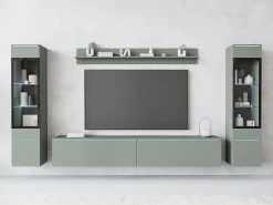 Conjunto moderno de móveis de sala 4 peças – móvel de TV 180 cm, 2 vitrinas e prateleira – estante de parede verde nevoeiro mate, de pé ou suspensa