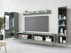 Conjunto moderno de móveis de sala 4 peças – móvel de TV 180 cm, 2 vitrinas e prateleira – estante de parede verde nevoeiro mate, de pé ou suspensa