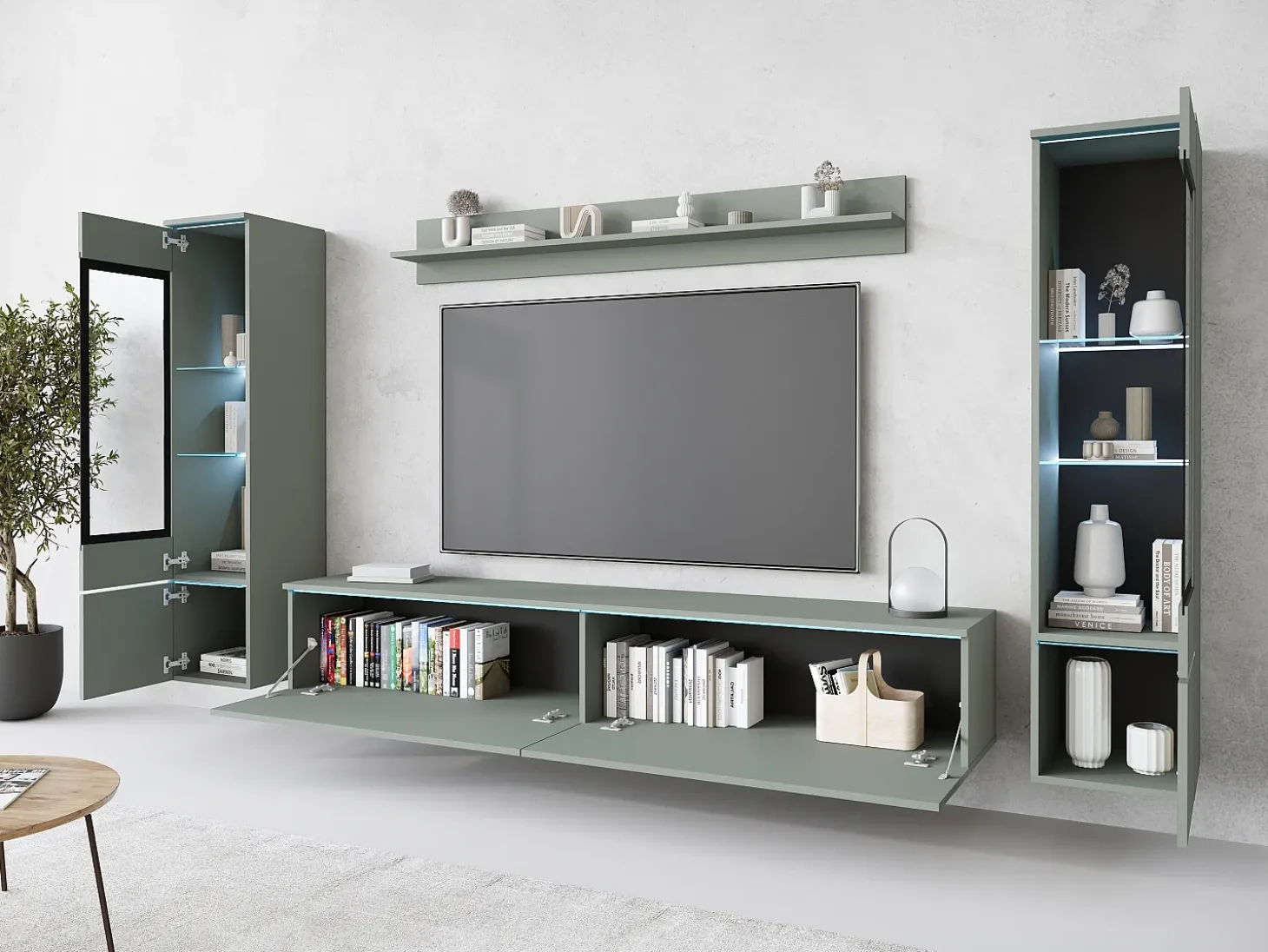 Conjunto moderno de móveis de sala 4 peças – móvel de TV 180 cm, 2 vitrinas e prateleira – estante de parede verde nevoeiro mate, de pé ou suspensa