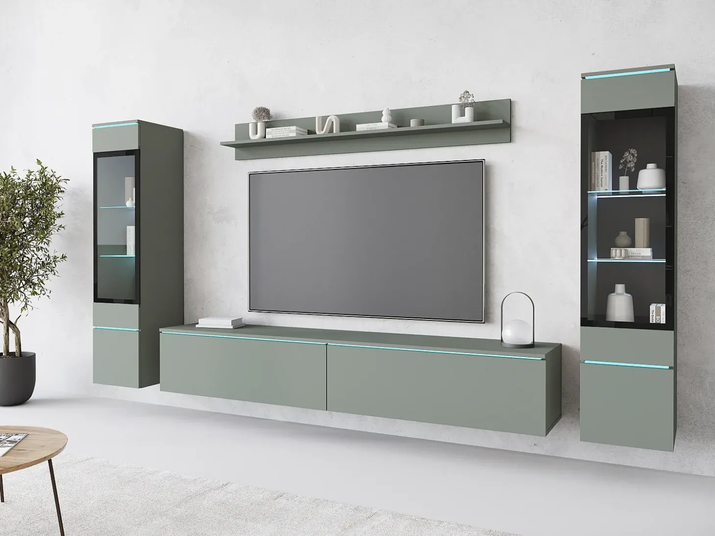 Conjunto moderno de móveis de sala 4 peças – móvel de TV 180 cm, 2 vitrinas e prateleira – estante de parede verde nevoeiro mate, de pé ou suspensa