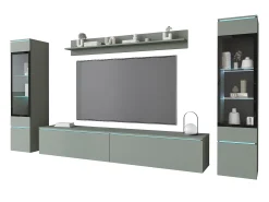 Conjunto moderno de móveis de sala 4 peças – móvel de TV 180 cm, 2 vitrinas e prateleira – estante de parede verde nevoeiro mate, de pé ou suspensa