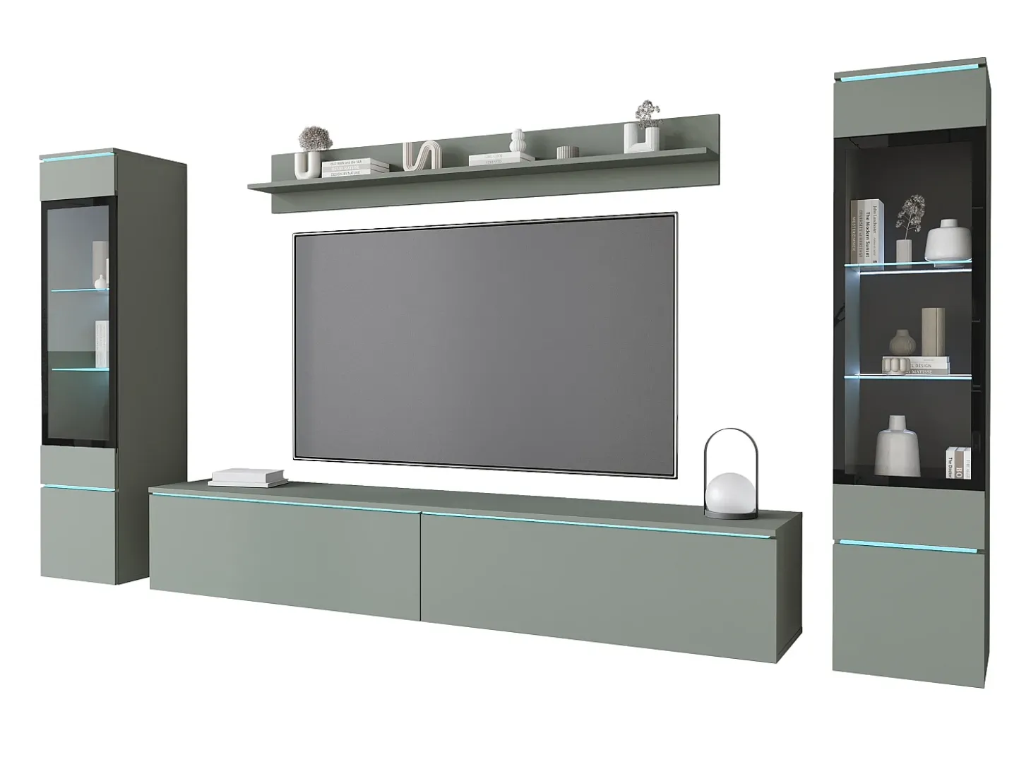 Conjunto moderno de móveis de sala 4 peças – móvel de TV 180 cm, 2 vitrinas e prateleira – estante de parede verde nevoeiro mate, de pé ou suspensa