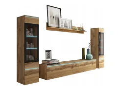 Conjunto moderno de móveis de sala 4 peças – móvel de TV 180 cm, 2 vitrinas e prateleira – estante de parede carvalho Wotan mate, de pé ou suspensa