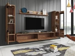 Conjunto moderno de móveis de sala 4 peças – móvel de TV 180 cm, 2 vitrinas e prateleira – estante de parede carvalho Wotan mate, de pé ou suspensa