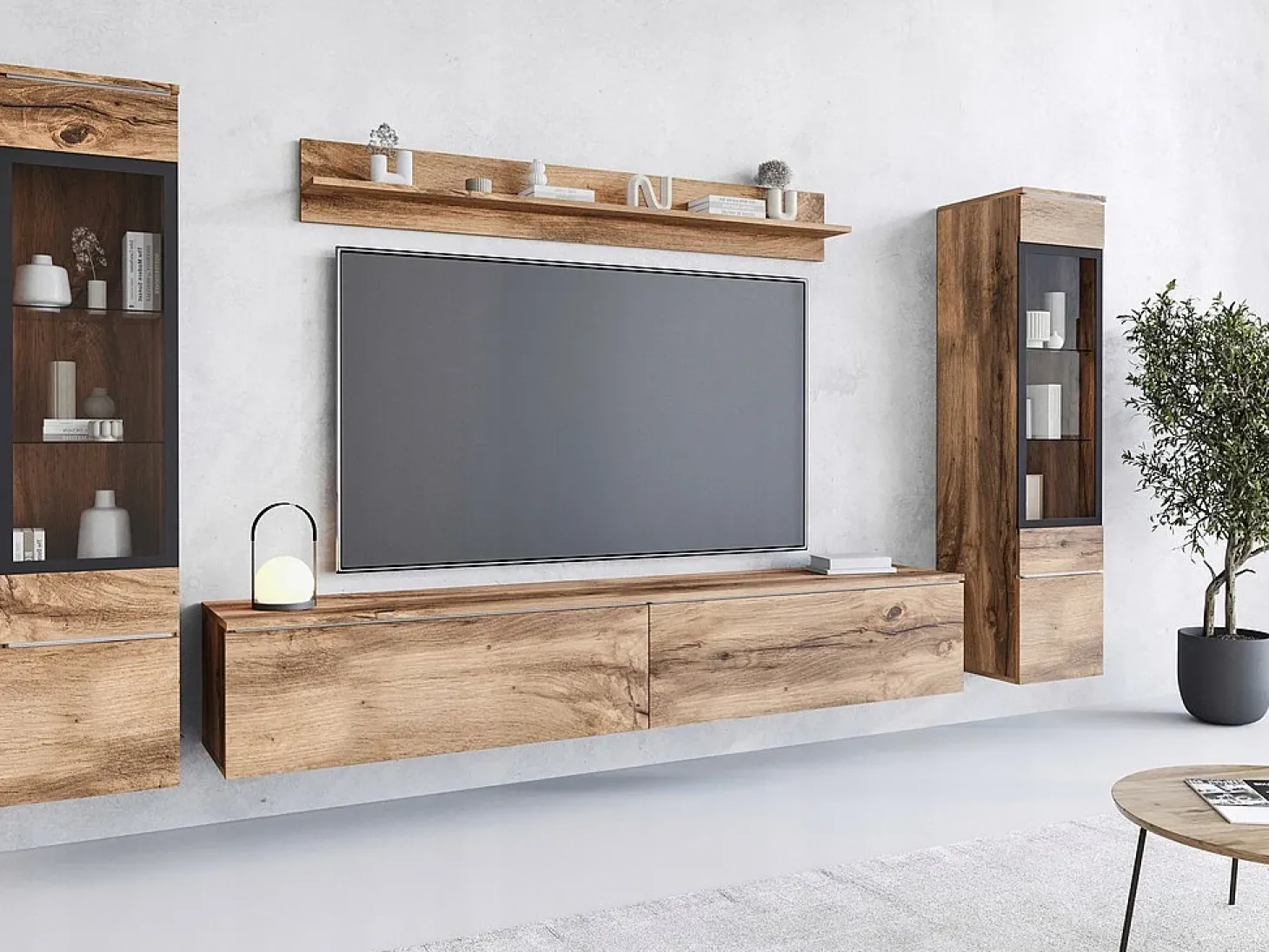Conjunto moderno de móveis de sala 4 peças – móvel de TV 180 cm, 2 vitrinas e prateleira – estante de parede carvalho Wotan mate, de pé ou suspensa