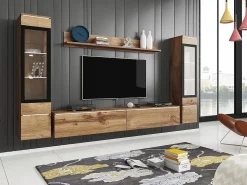 Conjunto moderno de móveis de sala 4 peças – móvel de TV 180 cm, 2 vitrinas e prateleira – estante de parede carvalho Wotan mate, de pé ou suspensa