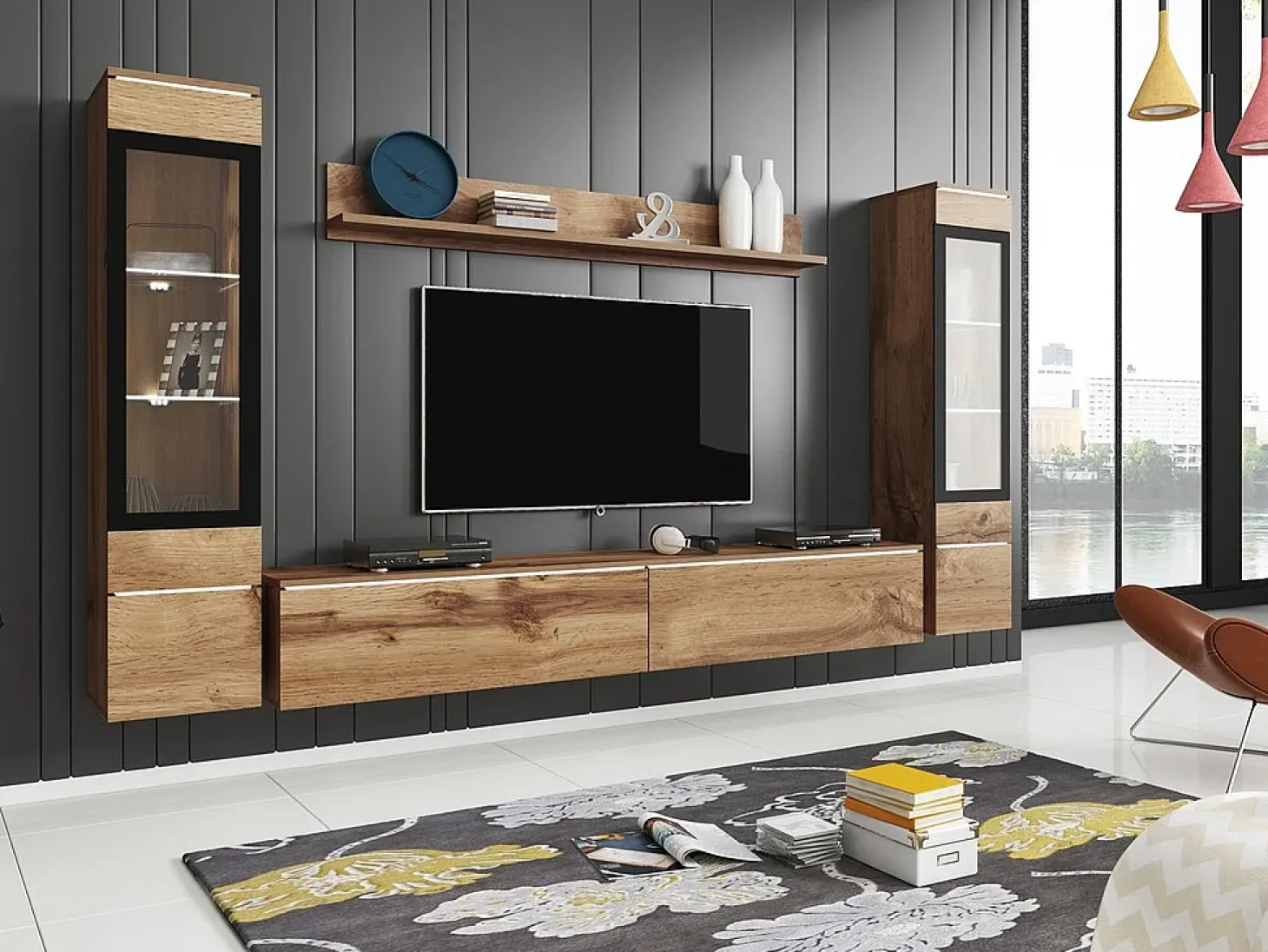 Conjunto moderno de móveis de sala 4 peças – móvel de TV 180 cm, 2 vitrinas e prateleira – estante de parede carvalho Wotan mate, de pé ou suspensa