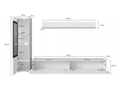 Conjunto moderno de móveis de sala 3 peças – móvel de TV 180 cm, vitrina e prateleira, corpo carvalho Wotan mate, frentes branco brilho, de pé ou suspenso