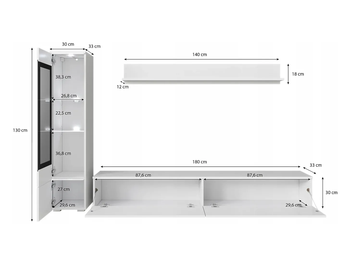 Conjunto moderno de móveis de sala 3 peças – móvel de TV 180 cm, vitrina e prateleira, corpo carvalho Wotan mate, frentes branco brilho, de pé ou suspenso
