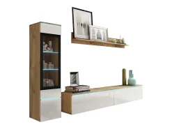 Conjunto moderno de móveis de sala 3 peças – móvel de TV 180 cm, vitrina e prateleira, corpo carvalho Wotan mate, frentes branco brilho, de pé ou suspenso
