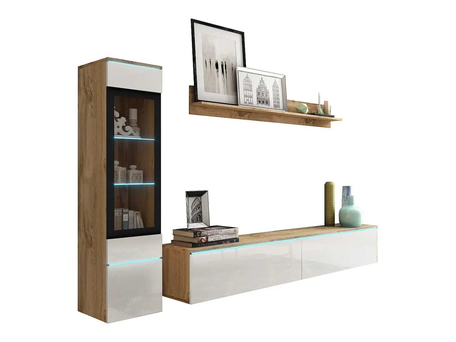 Conjunto moderno de móveis de sala 3 peças – móvel de TV 180 cm, vitrina e prateleira, corpo carvalho Wotan mate, frentes branco brilho, de pé ou suspenso