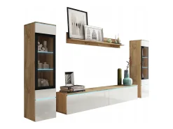 Conjunto moderno de móveis de sala 4 peças, móvel de TV 180 cm, 2 vitrinas e prateleira, corpo carvalho Wotan mate, frentes branco brilho, de pé ou suspenso