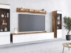 Conjunto moderno de móveis de sala 4 peças, móvel de TV 180 cm, 2 vitrinas e prateleira, corpo carvalho Wotan mate, frentes branco brilho, de pé ou suspenso
