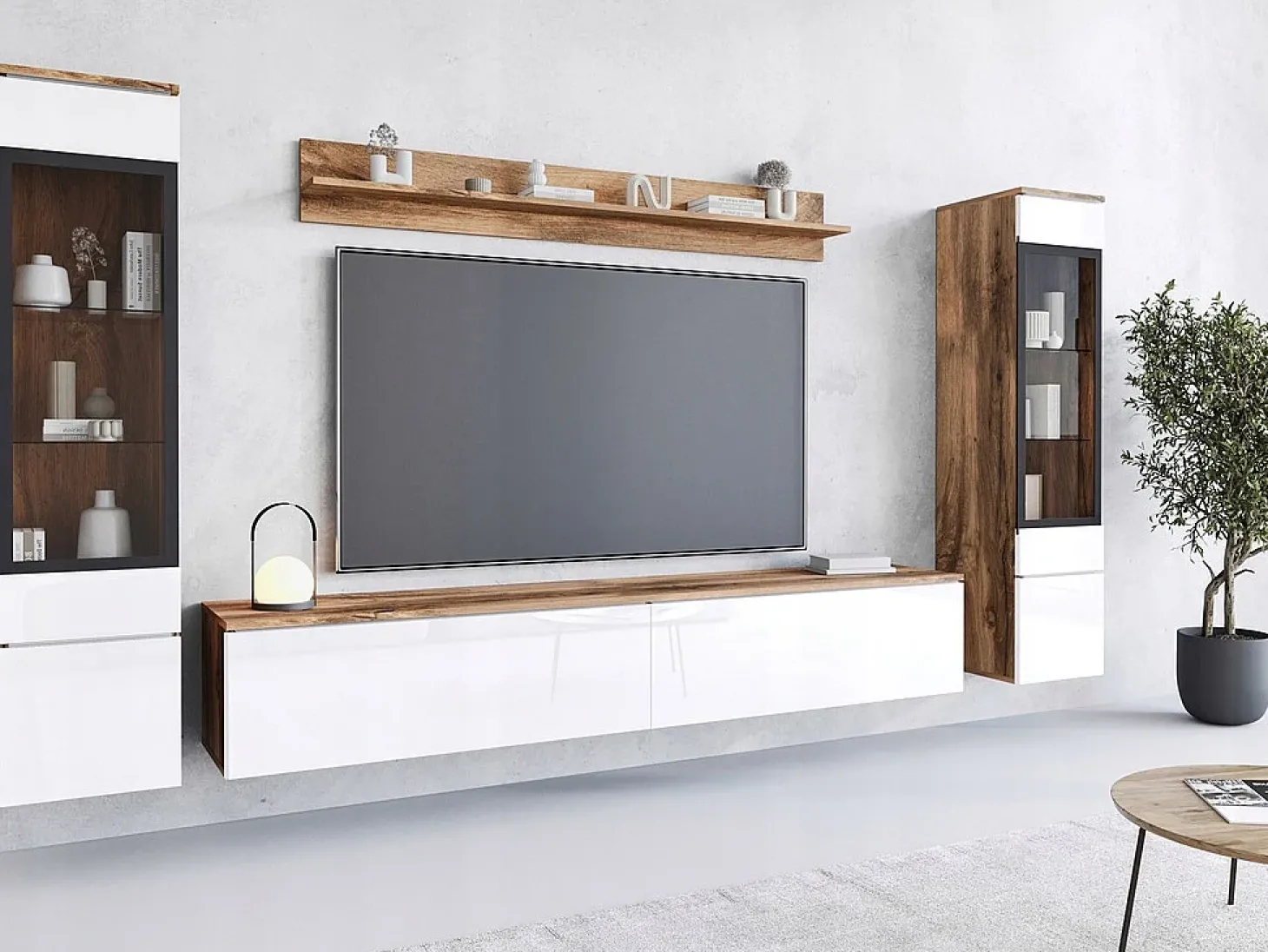 Conjunto moderno de móveis de sala 4 peças, móvel de TV 180 cm, 2 vitrinas e prateleira, corpo carvalho Wotan mate, frentes branco brilho, de pé ou suspenso
