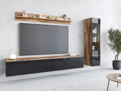 Conjunto moderno de móveis de sala 3 peças – móvel de TV 180 cm, vitrina e prateleira, corpo carvalho Wotan mate, frentes preto brilho, de pé ou suspenso