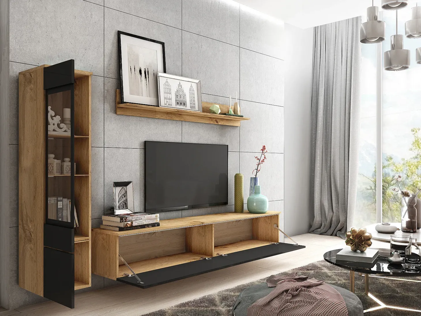 Conjunto moderno de móveis de sala 3 peças – móvel de TV 180 cm, vitrina e prateleira, corpo carvalho Wotan mate, frentes preto brilho, de pé ou suspenso