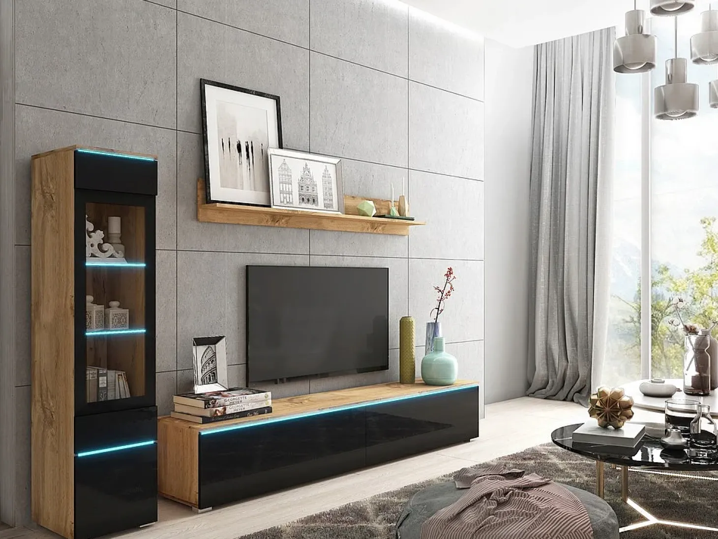 Conjunto moderno de móveis de sala 3 peças – móvel de TV 180 cm, vitrina e prateleira, corpo carvalho Wotan mate, frentes preto brilho, de pé ou suspenso