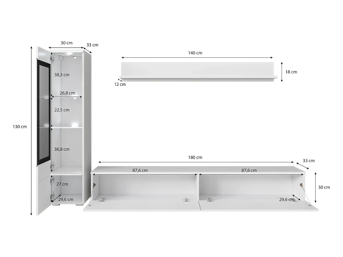 Conjunto moderno de móveis de sala 3 peças – móvel de TV 180 cm, vitrina e prateleira, carvalho Wotan mate, de pé ou suspenso