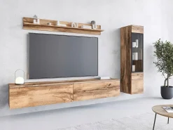 Conjunto moderno de móveis de sala 3 peças – móvel de TV 180 cm, vitrina e prateleira, carvalho Wotan mate, de pé ou suspenso