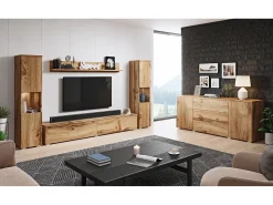 Conjunto moderno de sala 4 peças, carvalho wotan mate, 2 colunas e móvel de TV 180 cm