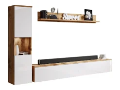 Conjunto moderno de sala 3 peças, corpo wotan, frentes branco brilho, coluna e móvel de TV 180 cm