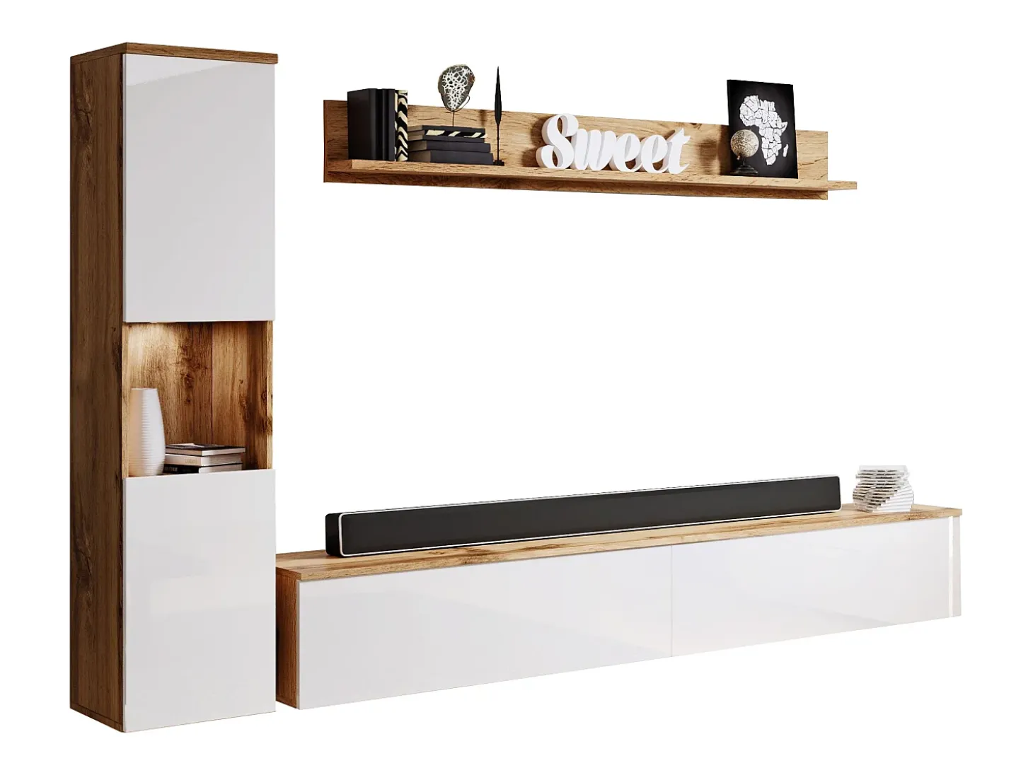 Conjunto moderno de sala 3 peças, corpo wotan, frentes branco brilho, coluna e móvel de TV 180 cm