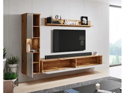 Conjunto moderno de sala 3 peças, corpo wotan, frentes branco brilho, coluna e móvel de TV 180 cm