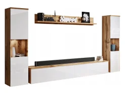Conjunto moderno de sala 4 peças, corpo wotan, frentes branco brilho, 2 colunas e móvel de TV 180 cm