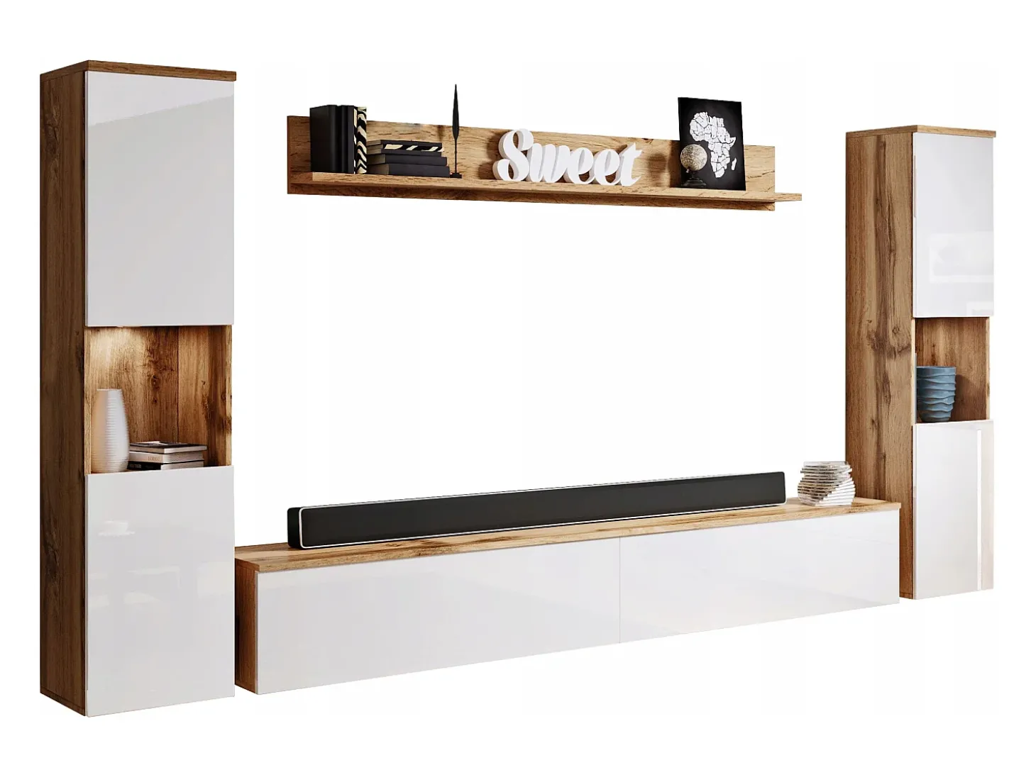 Conjunto moderno de sala 4 peças, corpo wotan, frentes branco brilho, 2 colunas e móvel de TV 180 cm