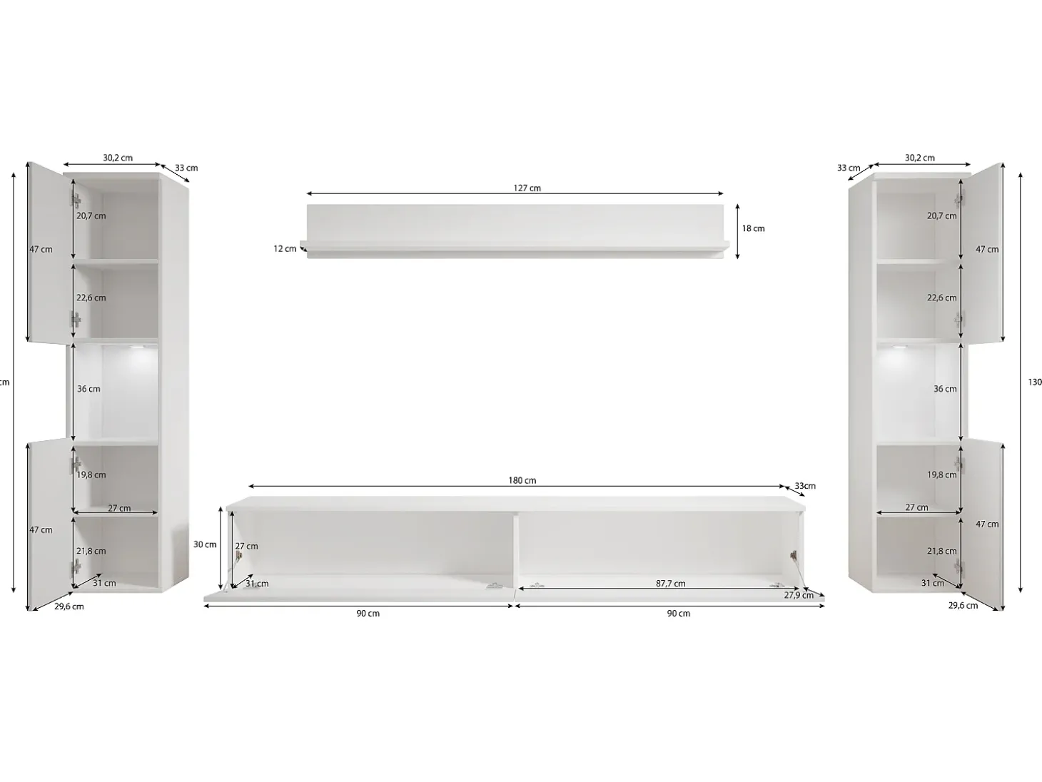 Conjunto moderno de sala 4 peças, corpo wotan, frentes branco brilho, 2 colunas e móvel de TV 180 cm