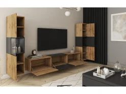 Conjunto moderno de sala parede suspensa e de chão 3 peças com móvel TV 180 cm vitrine e coluna carvalho wotan preto mate