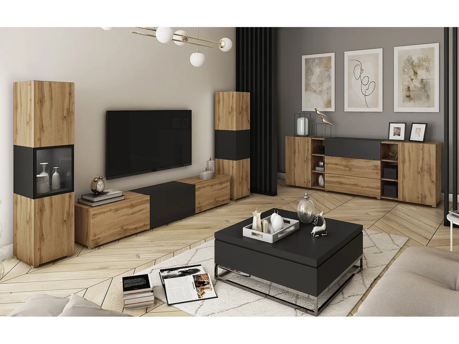 Conjunto moderno de sala parede suspensa e de chão 3 peças com móvel TV 180 cm vitrine e coluna carvalho wotan preto mate