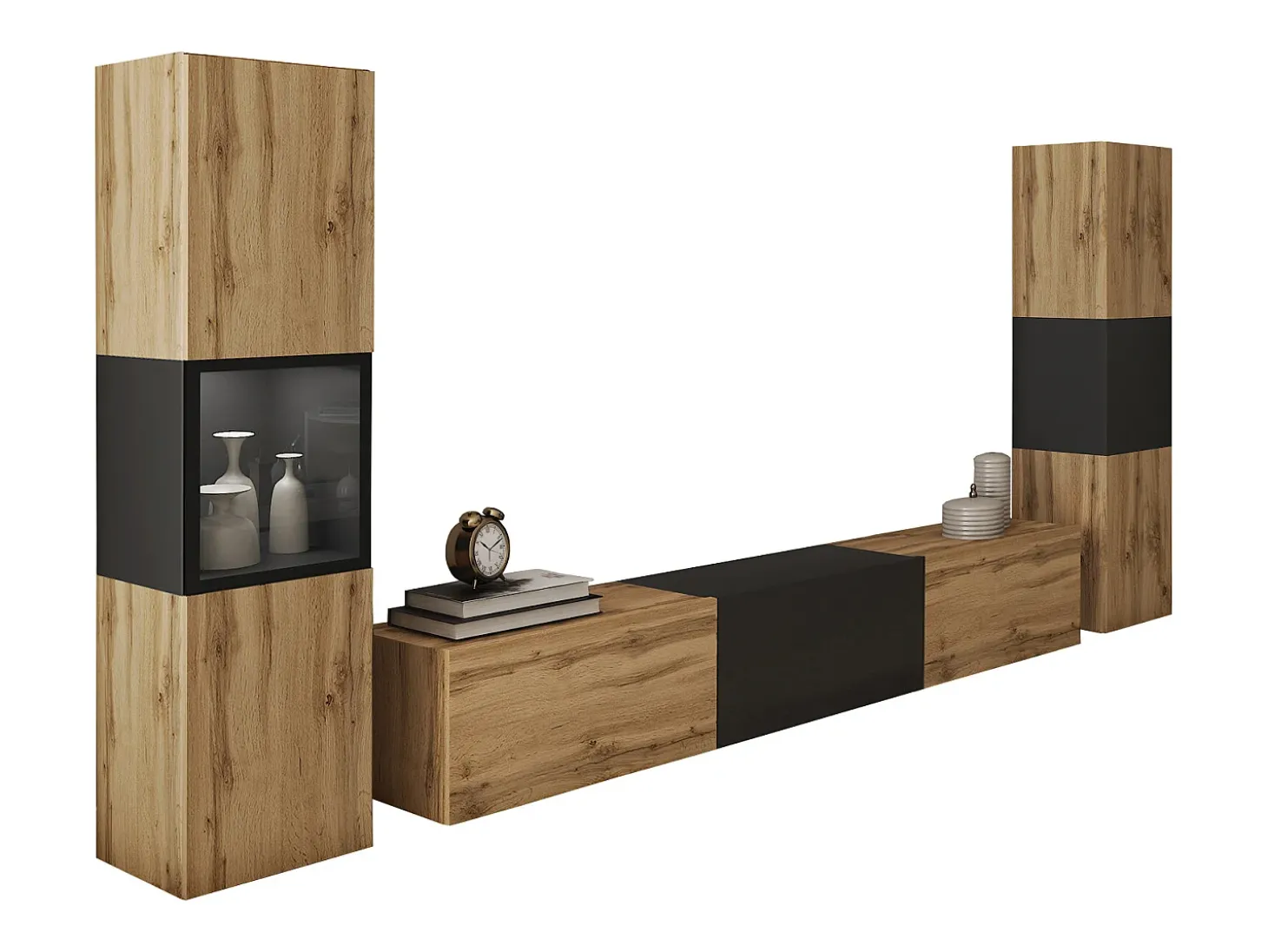 Conjunto moderno de sala parede suspensa e de chão 3 peças com móvel TV 180 cm vitrine e coluna carvalho wotan preto mate