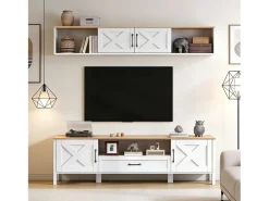 Conjunto móvel de TV 2 peças - 180x40x50 cm - Móvel de TV + vitrina de parede - 4 portas e 1 gaveta - MDF - Branco